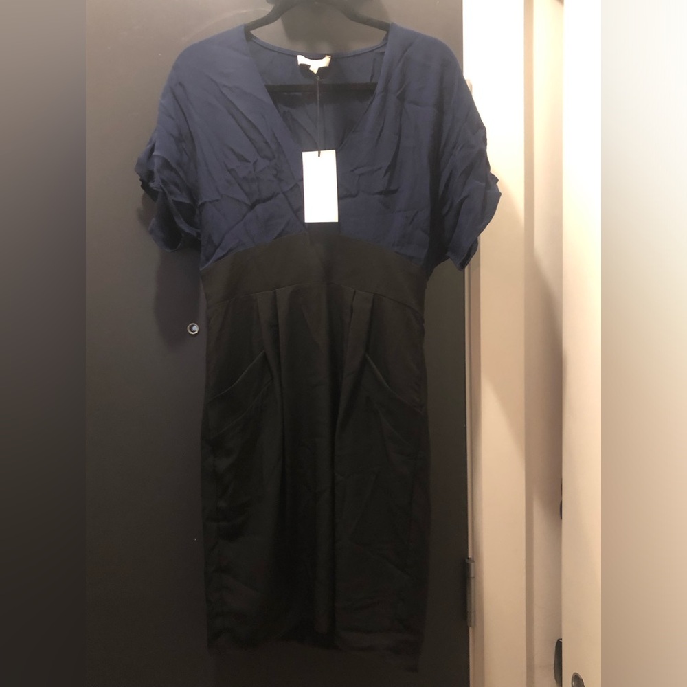 Two-Tone Navy and Black Midi Sheath Dress